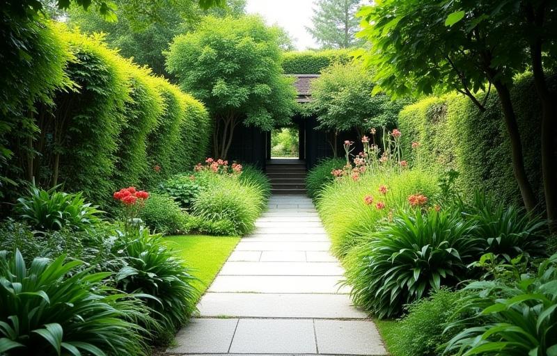 Lush backyard garden with pathway