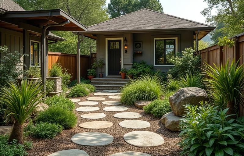 Small yard with native plant garden and rainwater harvesting